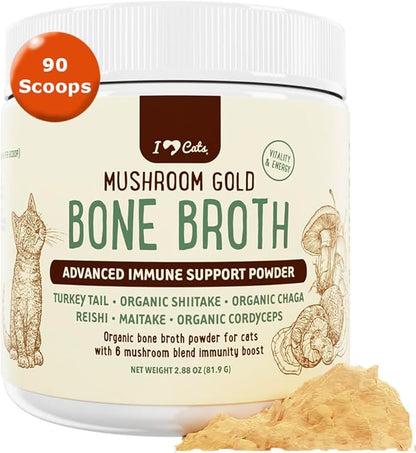 iHeartCats Bone Broth for Cats - Bone Broth &amp; Mushroom Gold Powder Supplement for Immune System Support, Improved Mobility &amp; Flexibility and Natural Detox - Turkey Tail Mushroom for Cats