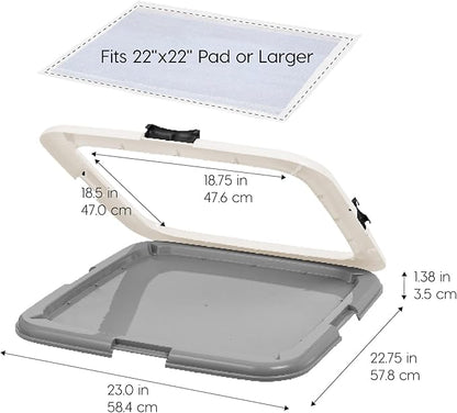 IRIS USA Pee Pad Holder - For Potty Training Regular Sized Dog &amp; Puppy Pee Pads, Secured Latches, Non-Skid Feet, Leak Protection, Fits 22"x22" Pad or Larger, Square, Dark Gray