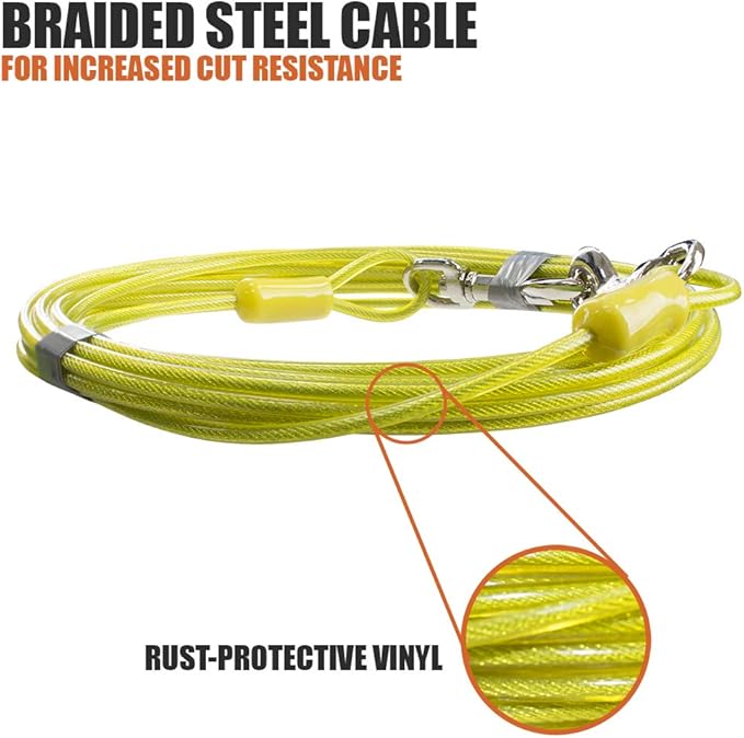 BV Dog Tie Out Cable 15 Feet - Heavy Duty Dog Lead Up to 35 Pounds - Reflective &amp; Rust-Free with Quick Release Swivel Clips &amp; 360° Rotating Clasp - Tangle-Free Dogs Runner for Yard (Yellow, Single)