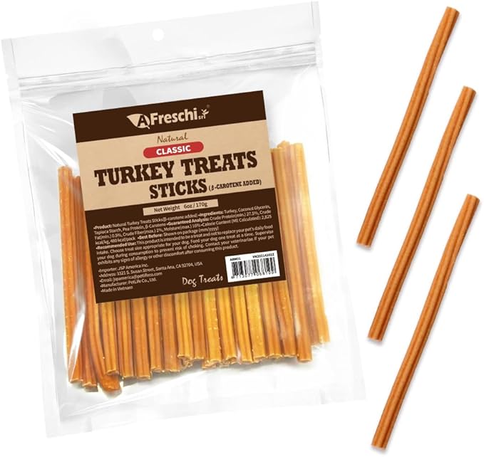 Afreschi Turkey β-Carotene Stick Dog Treats – 6 oz, USA-Sourced Trukey, All-Natural, Hypoallergenic, Low-Fat, Healthy &amp; Easily Digestible, Puppy &amp; Training Snack