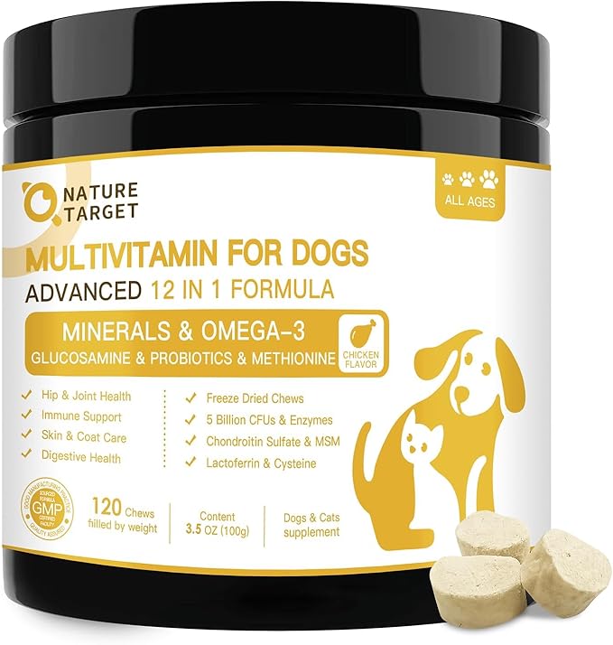 NATURE TARGET Dog Multivitamins for Overall Health with Minerals, Immune Support, Digestive Health, Joint, Hip, Skin &amp; Coat Care with Probiotics, Glucosamine, Enzymes, 120 Freeze Dried Chews
