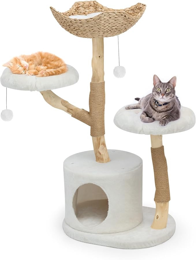 Modern Cat Tree Tower, Solid Wood Multi-Level w/ 2 Flower Perches, Scratching Post, Hanging Ball - Luxury Boho Cat Furniture w/Condo &amp; Wicker Basket for Indoor Cats