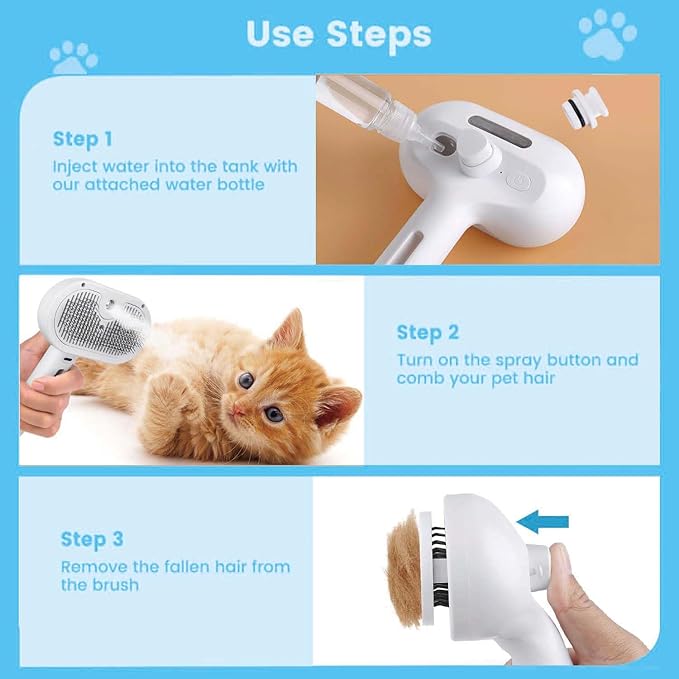 Pet Steam Brush for Dog &amp; Cat – 3-in-1 Spray Hair Removal Comb – Steam Brush for Shedding &amp; Grooming – Water for Long &amp; Short Haired Pets – Spritz Defur Comb (White)