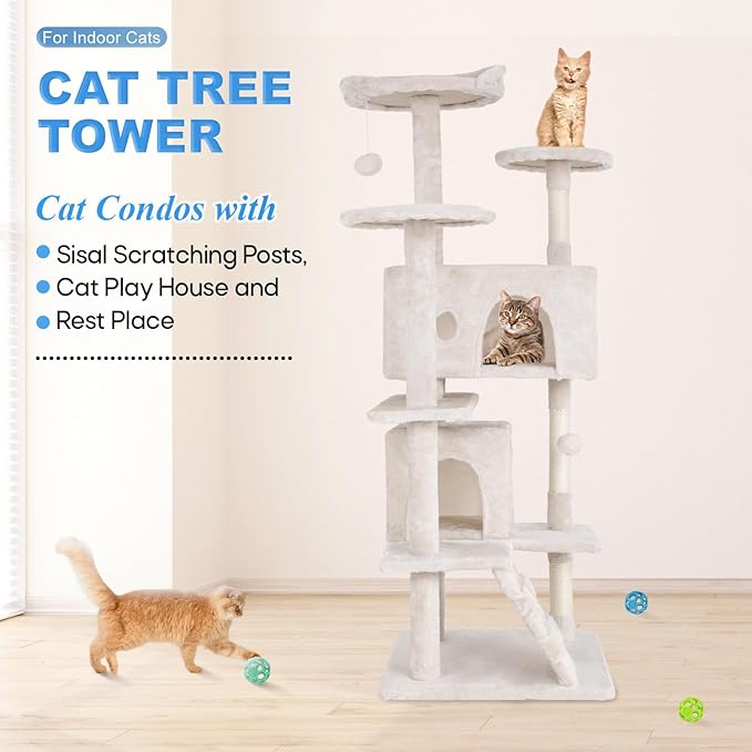 FDW Cat Tree 54in Cat Tower Multi-Level Durable Cat Scratching Post &amp; Cozy Fun Cat Jumping Platform Space Saving Cat Condo Pet Play House for Indoor Cats,Beige