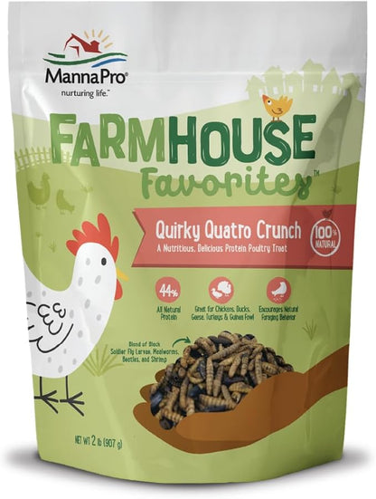 Manna Pro Farmhouse Favorites Quirky Quatro Crunch – 100% Natural Protein Treat for Mixed Flocks – Blend of Black Solider Fly Larvae, Mealworms, Beetles &amp; Shrimp – 2lb