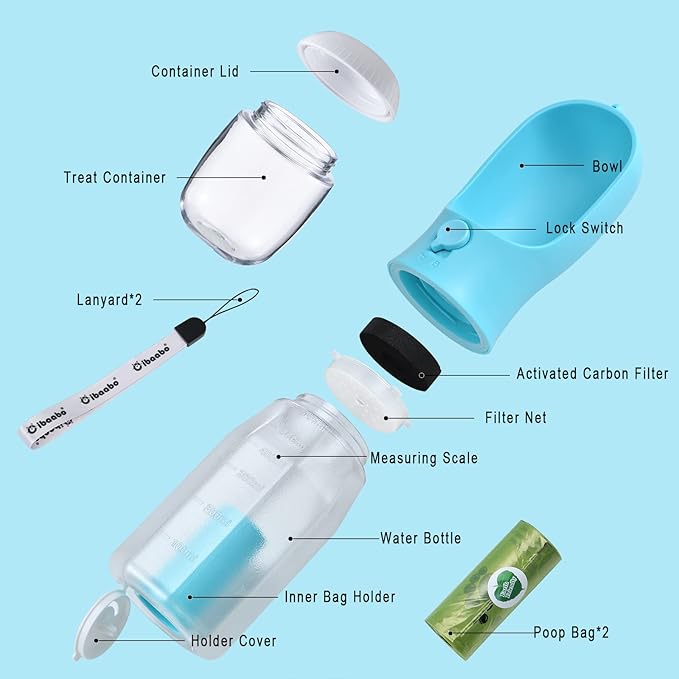 Dog Water Bottle with Food Container &amp; Poop Bag Holder, Travel Water Bowl, Portable Pet Dispenser, Dog Stuff Accessories Items, Puppy Essentials Necessities for Yorkie Chihuahua Walking Hiking