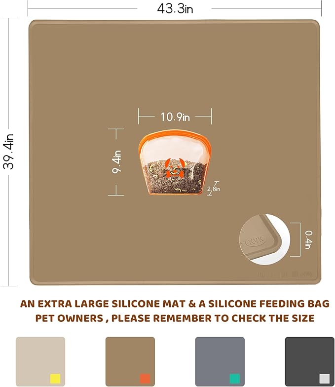 KVK Extra Extra Large Silicone Dog Food Mat 39.4×43.3in and 128oz Silicone Bag Set, Super Size Waterproof Pet Feeding Mat &amp; Container, Non-Slip, Chew-Resistant Floor Protection (Taupe&amp;Orange)