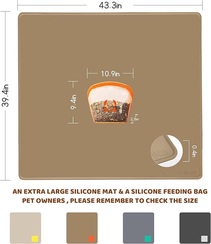 KVK Extra Extra Large Silicone Dog Food Mat 39.4×43.3in and 128oz Silicone Bag Set, Super Size Waterproof Pet Feeding Mat &amp; Container, Non-Slip, Chew-Resistant Floor Protection (Taupe&amp;Orange)