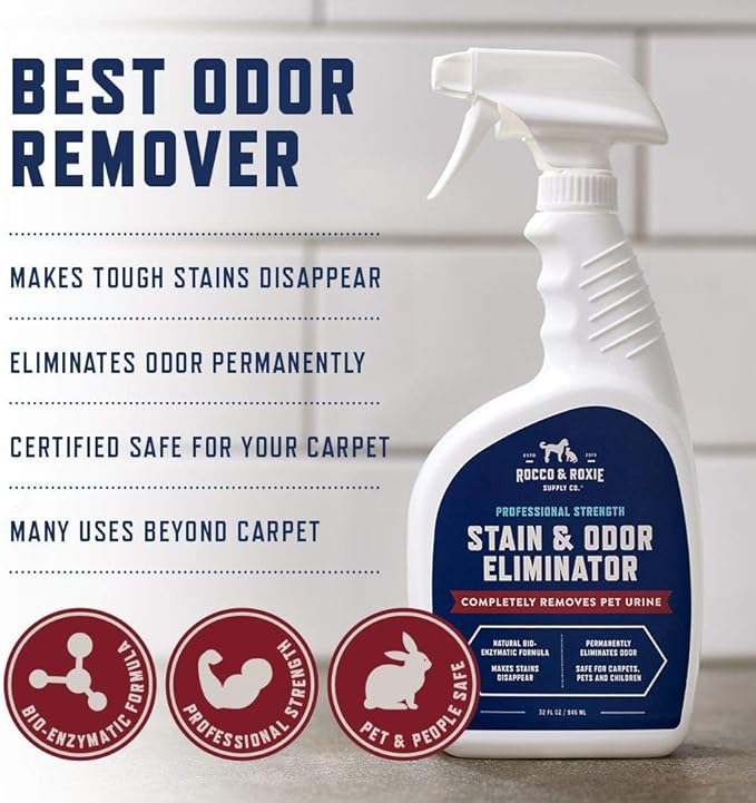 Rocco &amp; Roxie Supply Co. Stain &amp; Odor Eliminator for Strong Odor - Enzyme Pet Odor Eliminator for Home - Carpet Stain Remover for Cats &amp; Dog Pee - Enzymatic Cat Urine Destroyer - Carpet Cleaner Spray