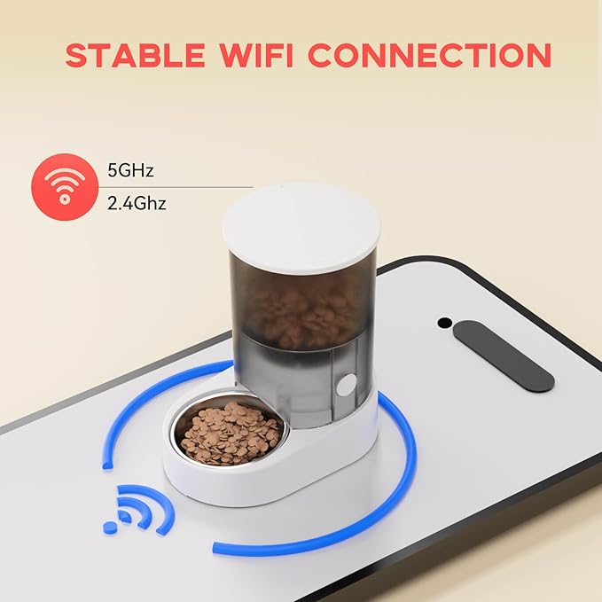 PAPIFEED Automatic Cat Feeder, 4L Auto Dog Cat Feeder with Rechargeable Battery &amp; Dual-Band WiFi (2.4G &amp; 5G), Automatic Pet Food Dispenser for Outdoor Travel Home - Ceramic Bowl Included