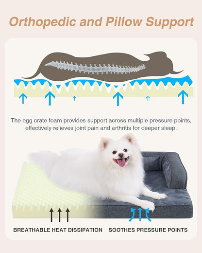 KSIIA Orthopedic Dog Bed for Medium Size Dog，Washable Pet Sofa with U-Shaped Bolster Removable Waterproof Cover Non-Slip Bottom and Egg-Crate Orthopedic Foam Pet Couch Bed, 35 x 22 Inch, Dark Gray