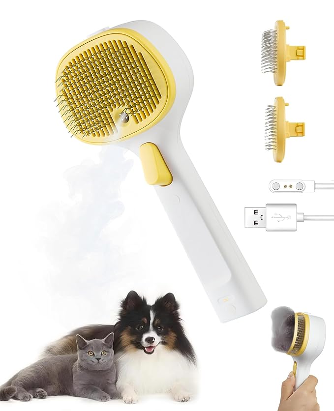 FURGO 3-in-1 Pet Steam Brush for Dogs &amp; Cats – Reduces Static, Replaceable Heads, One-Touch Hair Ejection, Dog Spray Brush for Shedding Control(Long&amp;Short)