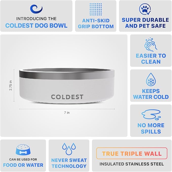 Coldest Dog Bowl - Anti Rust Metal, Non Slip, 3 Layers Insulated Stainless Steel Dog Bowls - Spill Proof &amp; Heavy Duty - Water Bowl for Dogs, Cats &amp; Pets, Dish Washer Safe (42 oz, Epic White)