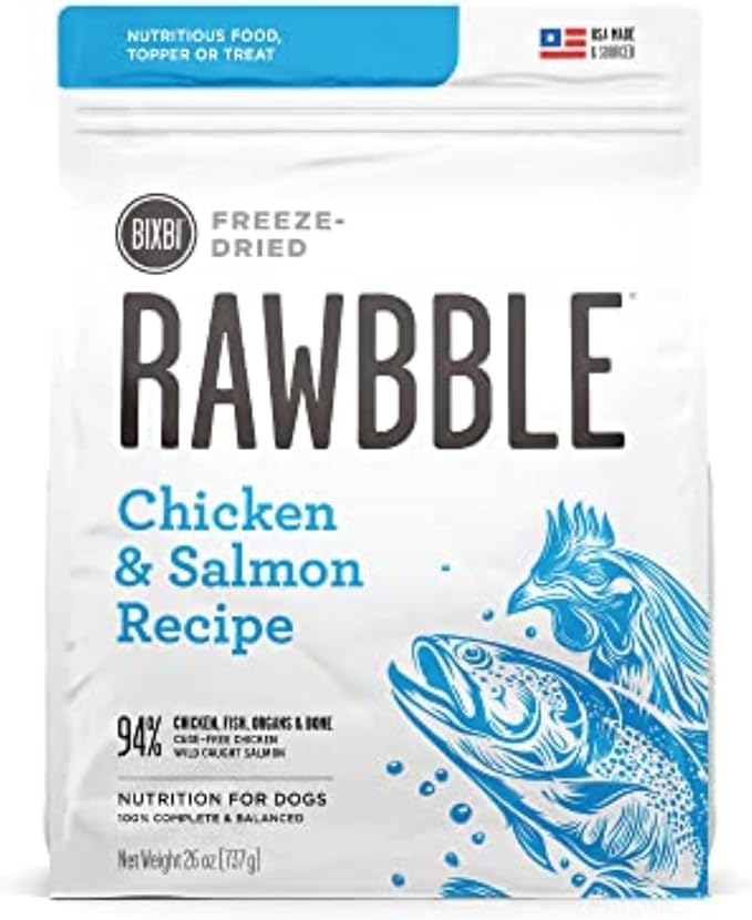 BIXBI Rawbble Freeze Dried Dog Food, Chicken &amp; Salmon Recipe, 26 oz - 94% Meat and Organs, No Fillers - Pantry-Friendly Raw Dog Food for Meal, Treat or Food Topper - USA Made in Small Batches