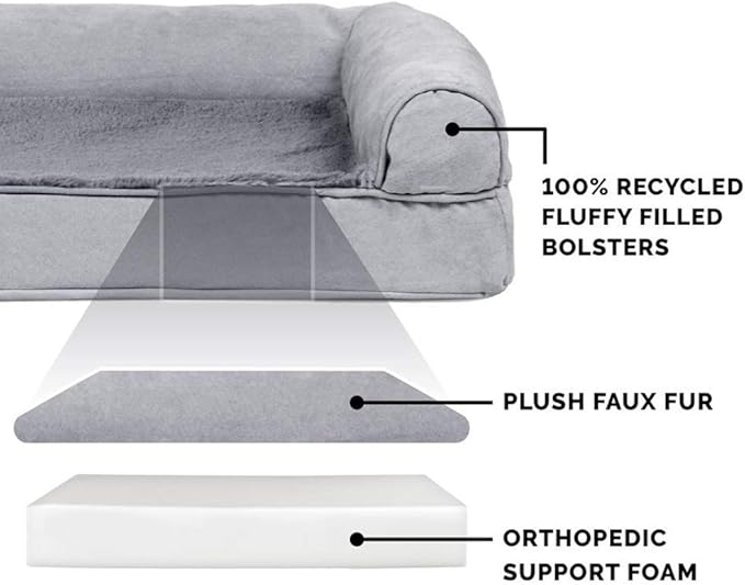 Furhaven Orthopedic Dog Bed for Large Dogs w/ Removable Bolsters &amp; Washable Cover, For Dogs Up to 125 lbs - Plush &amp; Suede Sofa - Gray, Jumbo Plus/XXL