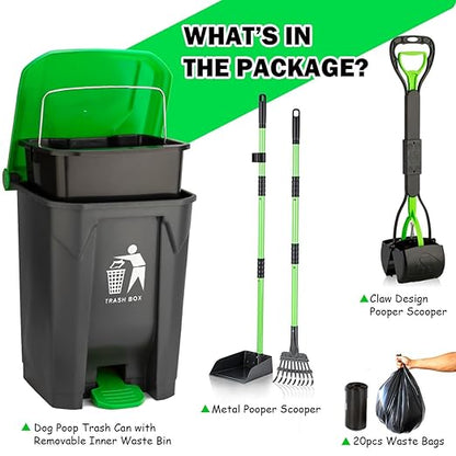 MXF Pooper Scooper Set - 28" Dog Pooper Scooper &amp; Long Handle Stainless Metal Tray&amp;Rake, 15 Litre Step Dog Poop Trash Can w/Removable Inner Bucket, 20 Waste Bags for Outdoors