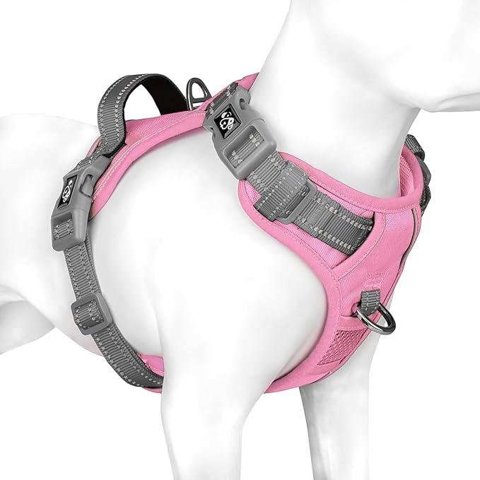 PHOEPET No Pull Dog Harness, Unique Colors Reflective Adjustable Dog Vest, with Soft Training Handle Metal Clips for Small Medium Large Dogs (Baby Pink Base &amp; Grey Straps,XL)