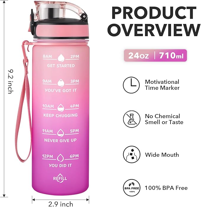 Enerbone Water Bottle, Leakproof BPA &amp; Toxic Free, Motivational Water Bottle with Times to Drink and Straw, Fitness Sports Water Bottle with Strap for Office, Gym, Outdoor Sports