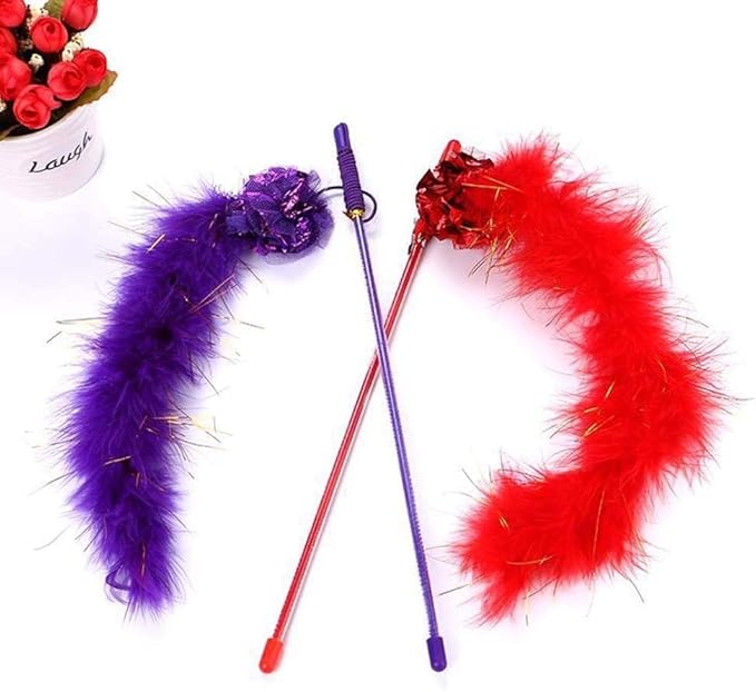 Purple Cat Teasing Stick Toy - Interactive Stick with Sparkly Feather Boa &amp; Crinkle Ball for Indoor Cat Training &amp; Fun
