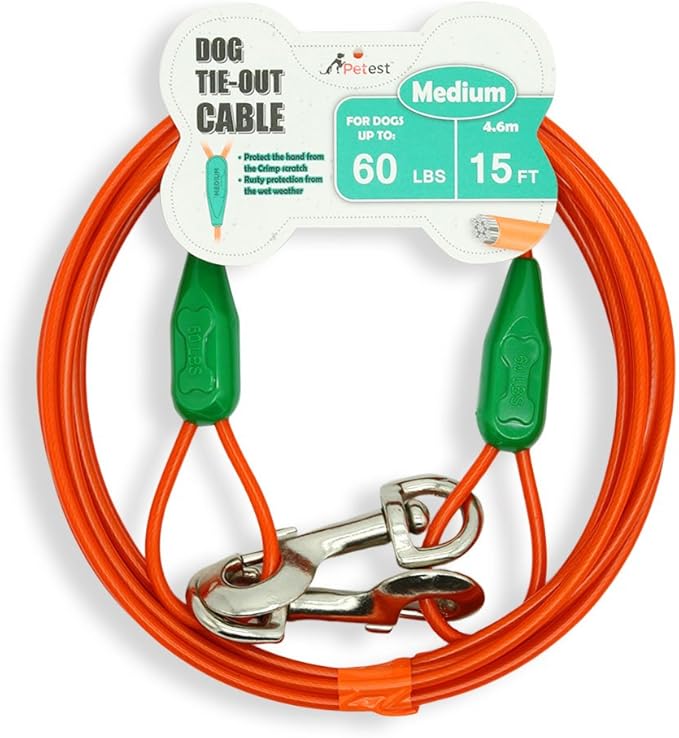 Petest 15ft Tie-Out Cable with Crimp Cover for Medium Dogs Up to 60 Pounds DarkGreen &amp; Orange