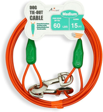 Petest 15ft Tie-Out Cable with Crimp Cover for Medium Dogs Up to 60 Pounds DarkGreen &amp; Orange