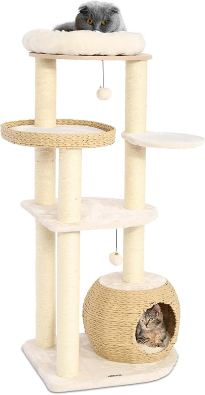 KAMABOKO Modern Cat Tree, 53" Cat Tower for Indoor Cats Natural Sisal Scratching Posts, Hand-Woven Condo &amp; Top Perch, Cat Tree Tower for Kittens Climb Play &amp; Rest