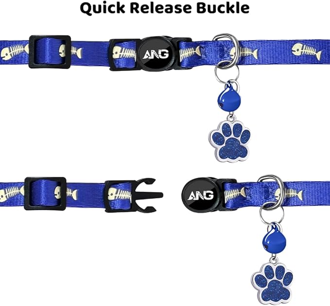 Personalized Breakaway Cat Collars Glow-in-The-Dark with ID Tag, Bell - Safety Quick - Release, Customizable for Female Male Kittens &amp; Cats (Navy)