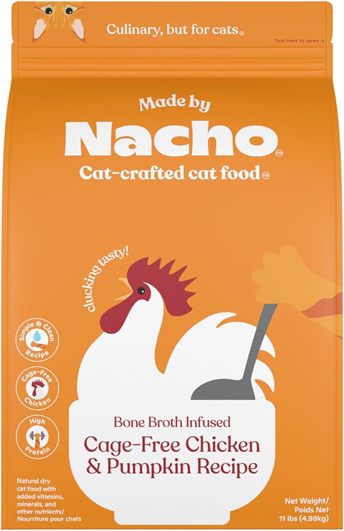 Made by Nacho Dry Cat Kibble 11lb Bag, High Protein and Grain-Friendly Premium Cat Food, Cage-Free Chicken &amp; Pumpkin Recipe, Infused with Bone Broth for Hydration, Limited Ingredients, Single Bag