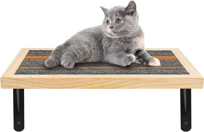 Handcrafted Wood Cat Perch &amp; Shelves - Floating Shelf with Cat Hammock Seat, Lounge Bed, Climbing Steps for Relaxing, Playing and Scratching