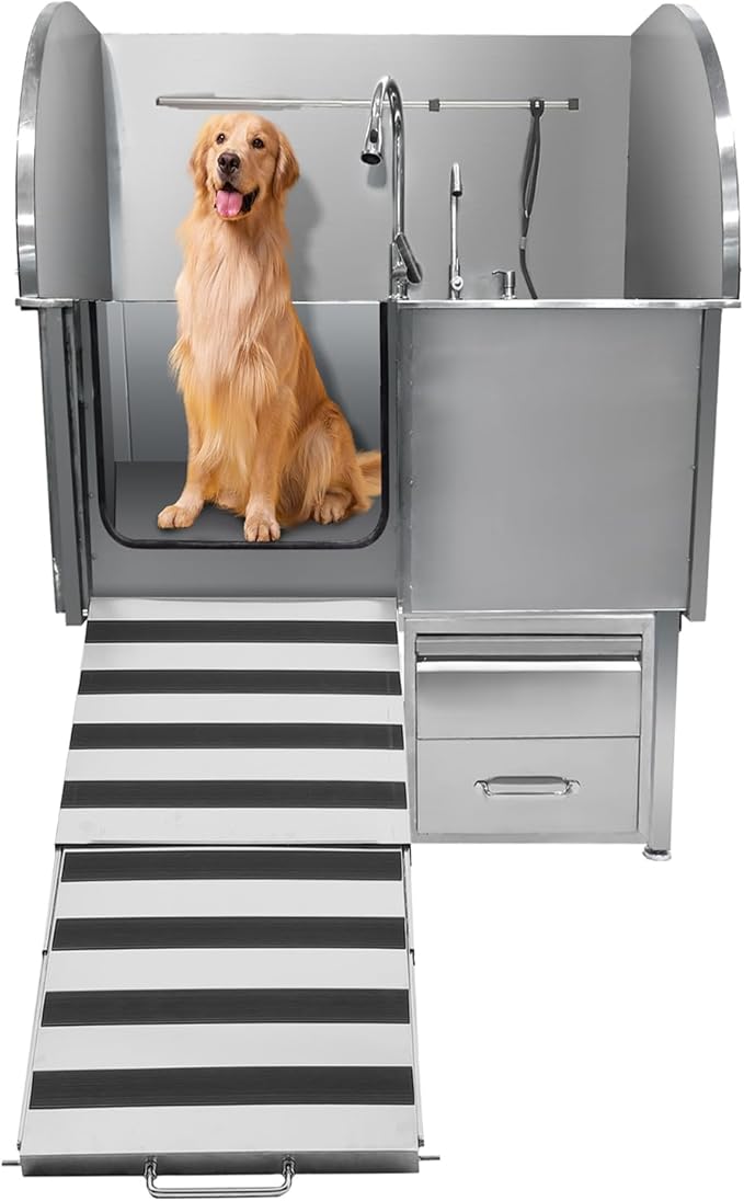 Professional Dog Grooming Tub, 62" Stainless Steel Dog Wash Station with Foldable Ramp, Storage Drawer, Floor Grate &amp; Faucet/Dog Bathtub for Large, Medium &amp; Small Pets - Left Door (62")