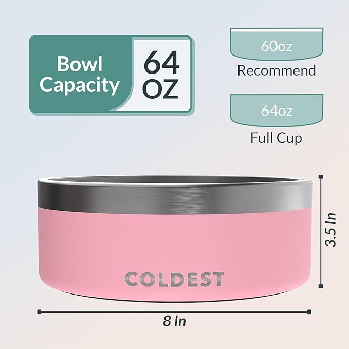 Coldest Dog Bowl - Anti Rust Metal, Non Slip, 3 Layers Insulated Stainless Steel Dog Bowls - Spill Proof &amp; Heavy Duty - Water Bowl for Dogs, Cats &amp; Pets, Dish Washer Safe (64 oz,Cotton Candy Pink)