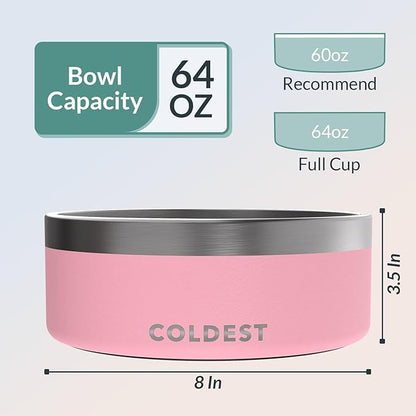 Coldest Dog Bowl - Anti Rust Metal, Non Slip, 3 Layers Insulated Stainless Steel Dog Bowls - Spill Proof &amp; Heavy Duty - Water Bowl for Dogs, Cats &amp; Pets, Dish Washer Safe (64 oz,Cotton Candy Pink)