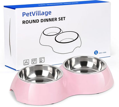 Stainless Steel Dog Bowls Set – Dual Non-Slip Pet Dishes with 2 Small (4oz*2) Bowls &amp; Durable Resin Stand,Food &amp; Water Feeder for Puppies, Kittens, and Small Breed Dogs– Pink