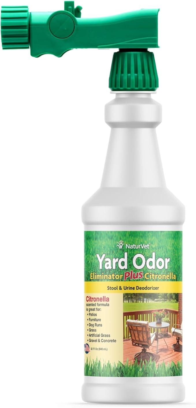 NaturVet – Yard Odor Eliminator Plus Citronella Spray – Eliminate Stool and Urine Odors from Lawn and Yard – Designed for Use on Grass, Patios, Gravel, Concrete &amp; More – 32oz with Hose Nozzle