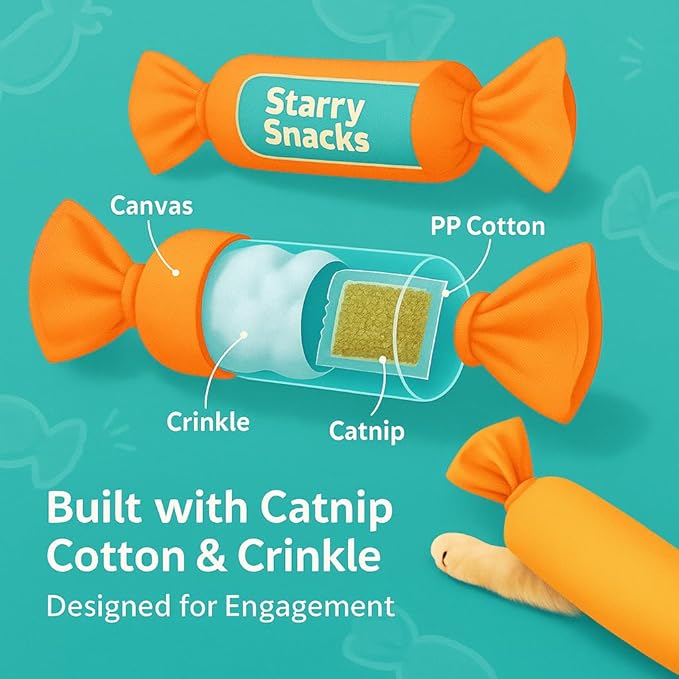 Catnip Candy Toys for Indoor Cats – 3-Pack Crinkle Cat Toys with Catnip Pouches, Durable Canvas &amp; Soft Filling, Cat Chew Toys for Kittens &amp; Adults (Yellow)