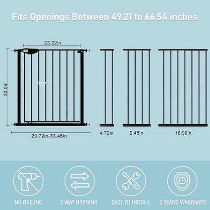 WAOWAO Triple Lock 49.21-66.54" Baby Gate Extra Wide Pressure Mounted Walk Through Swing Auto Close Safety Black Metal Dog Pet Puppy for Stairs,Doorways,Kitchen