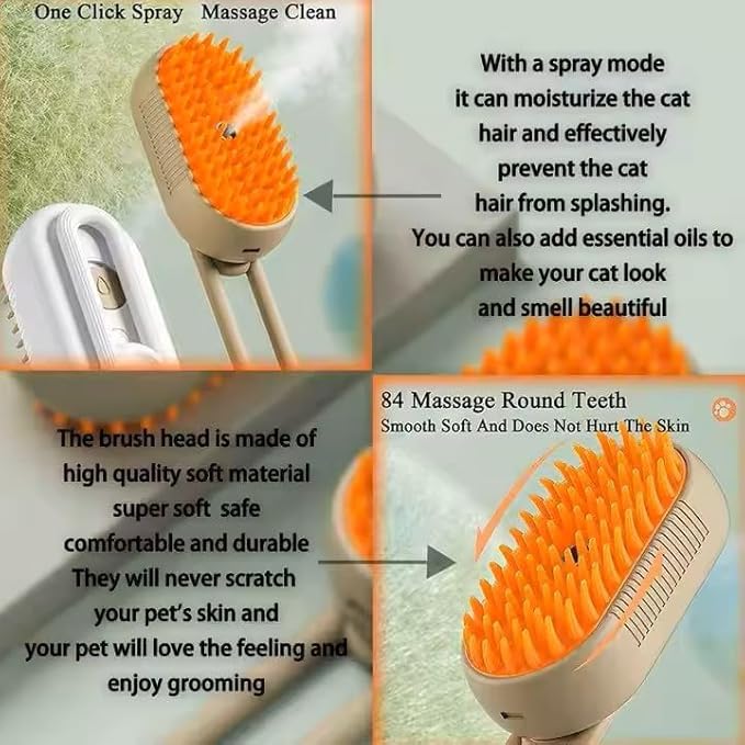 3-in-1 Steam Pet Brush for Cats &amp; Dogs – Self-Cleaning Grooming Comb with Spray Mist, Massage &amp; Shedding, Rechargeable USB, Anti-Static, Foldable Handle (TAN)