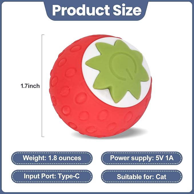 2Pcs Self-Moving Electric Cat Toy Ball with LED - Automatic Interactive Cat Toys for Indoor Cats, Smart Strawberry Design Stimulates Hunting Instincts, Boredom Relief &amp; Exercise for Solo Play