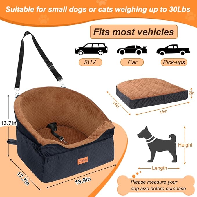 Vivifying Dog Car Seat for Small &amp; Medium Dogs, Detachable &amp; Washable Booster Seat for Pets Up to 30lbs, Travel Bed with Storage Pockets and Safety Belt – Brown&amp;Black