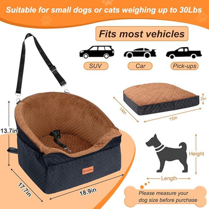 Vivifying Dog Car Seat for Small &amp; Medium Dogs, Detachable &amp; Washable Booster Seat for Pets Up to 30lbs, Travel Bed with Storage Pockets and Safety Belt – Brown&amp;Black