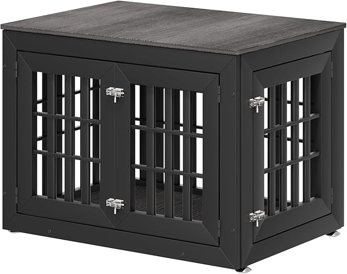 38" Heavy Duty Dog Crate Furniture for Small,Medium and Large Dogs,Rustic Wooden Dog Cage Kennel Indoor Furniture with Waterproof Top,Decorative Pet House Side End Table (Black &amp; Grey)