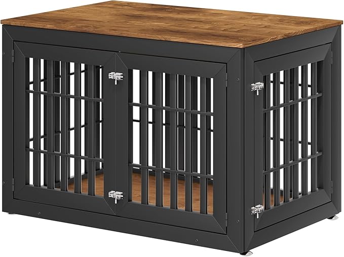 48" Heavy Duty Dog Crate Furniture for Small,Medium and Large Dogs,Rustic Wooden Dog Cage Kennel Indoor Furniture with Waterproof Top,Decorative Pet House Side End Table (Black &amp; Wood)