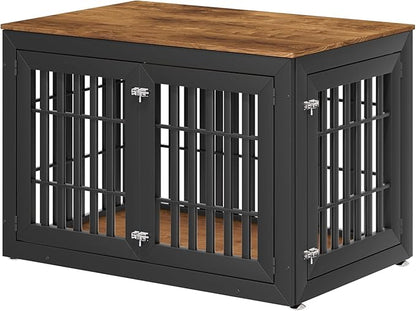 48" Heavy Duty Dog Crate Furniture for Small,Medium and Large Dogs,Rustic Wooden Dog Cage Kennel Indoor Furniture with Waterproof Top,Decorative Pet House Side End Table (Black &amp; Wood)