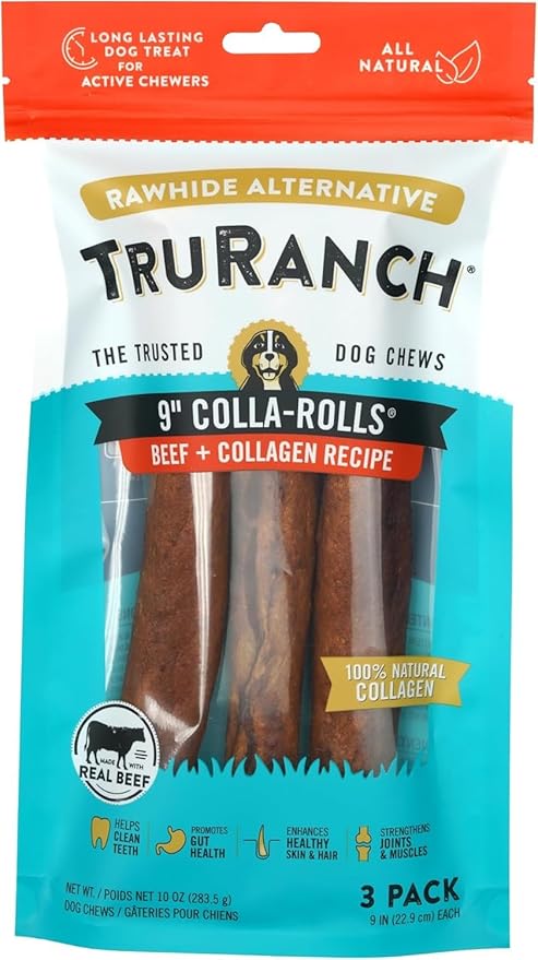 Collagen Rolls - 9" Collagen Rolls for Dogs - Long Lasting Healthy Joint Support Dog Treat - Rawhide Alternative - Skin &amp; Coat Health - Made with Real Beef, 1 Bag, 3 Count