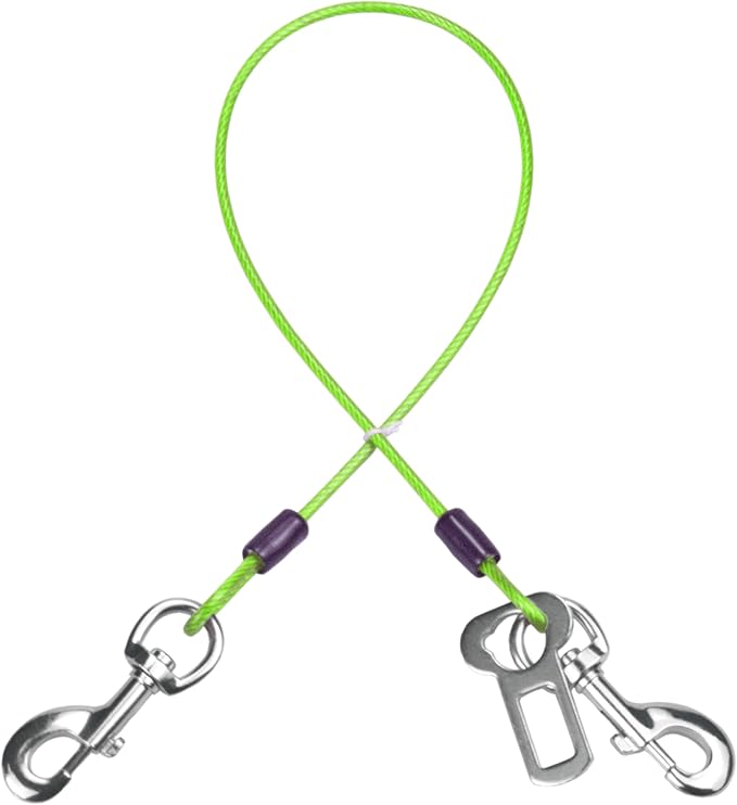 Dog Seat Belt Harness for Car,Dog Seatbelt of Coated Wire Leash Safety Restraint,No Chew Tether Cable Vehicle,Double Clips &amp; Latch(Green, 16 inch/40 CM)
