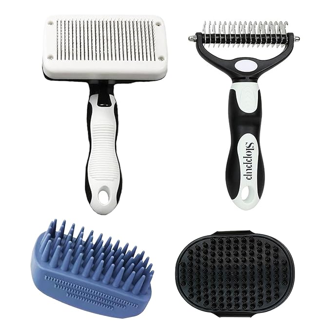 Dog Brush Kit for Grooming Short &amp; Long Haired Dogs &amp; Cats, 4-in-1 Pet Grooming Set with Self-Cleaning Slicker Brush, Deshedding Tool, Shampoo Bath Comb, Massge Comb (White Black)