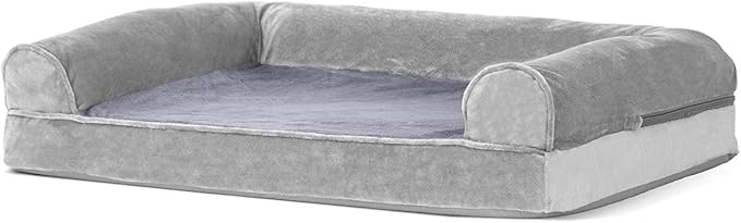 Furhaven Orthopedic Dog Bed for Medium/Small Dogs w/ Removable Bolsters &amp; Washable Cover, For Dogs Up to 35 lbs - Faux Fur &amp; Velvet Sofa - Smoke Gray, Medium