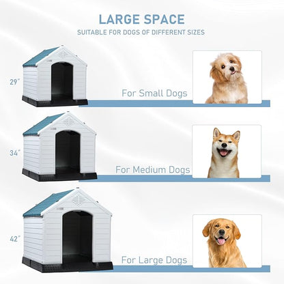 LEMBERI Durable Waterproof Plastic Dog House for Small to Large Sized Dogs, Indoor Outdoor Doghouse Insulated Puppy Shelter with Elevated Floor, Easy to Assemble (Blue, 34&