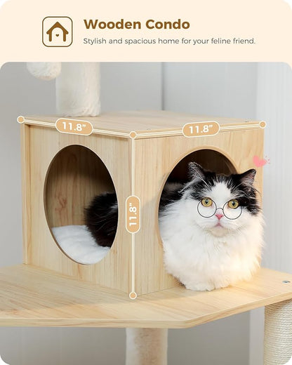 PETEPELA Wood Cat Tree for Indoor Cats Multi-Level Tower with Sisal Covered Scratching Posts, Cozy Condo, Super Large Hammock and Plush Perches Faux Rabbit Milk Fur Beige Rabbit Fur Wood Beige