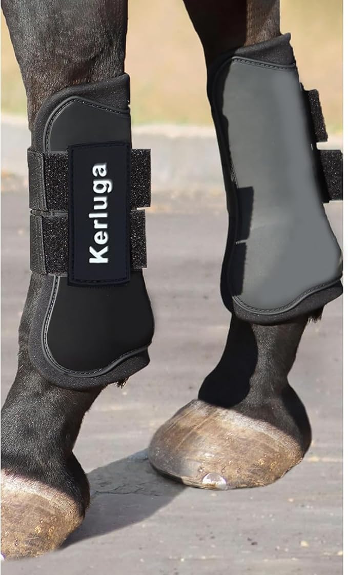 Horse Boots Set of 4 Open Front &amp; Fetlock Tendon Boot for Horses Professional Sport Protection Impact-Absorbing Equine Leg Support Wraps for Jumping, Riding, Training (Black, Full)